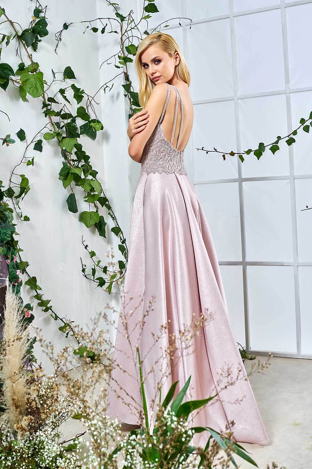 Pink V-Neck Backless Long Evening Dress