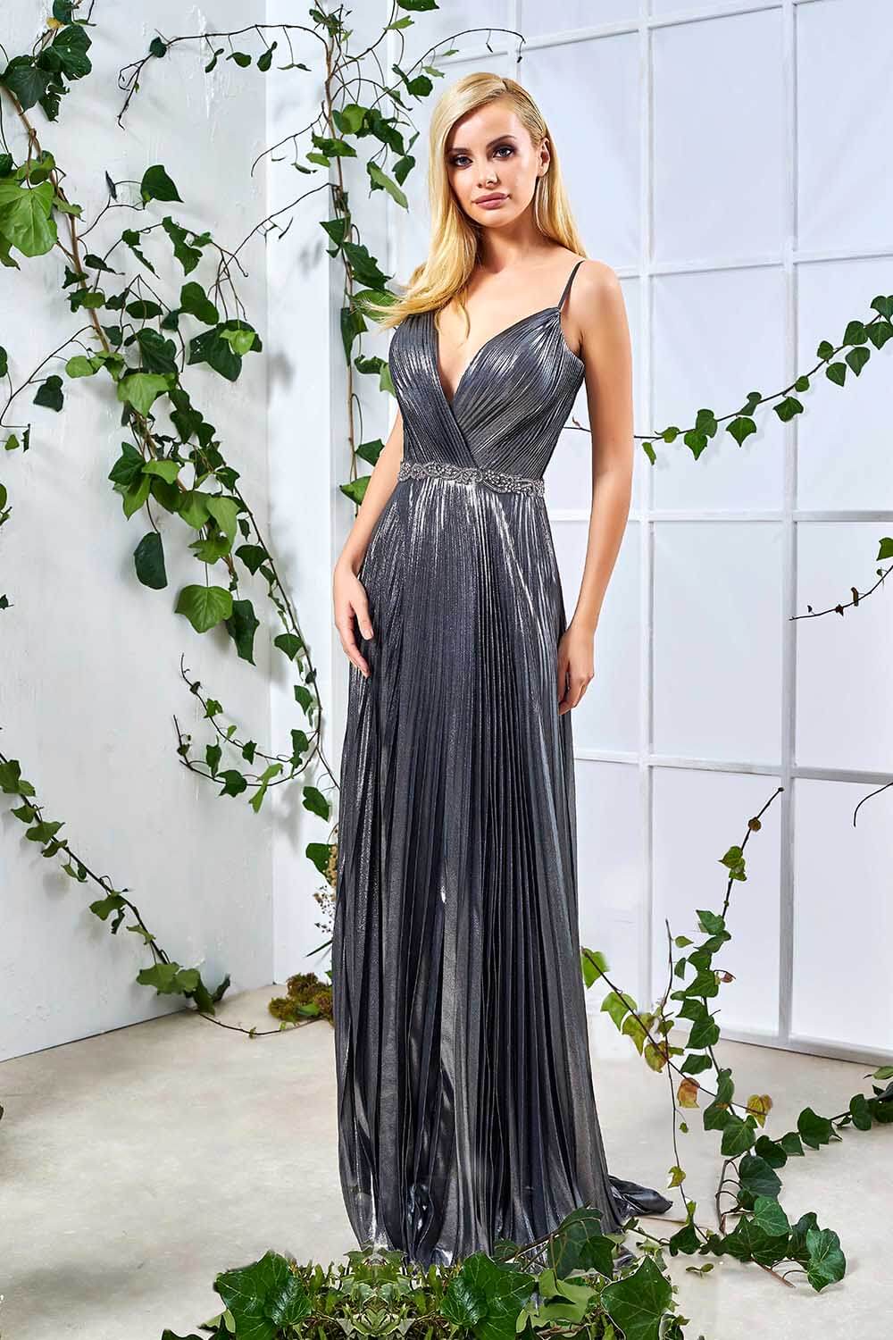 Gray Stone Embroidered V-Neck Long Evening Dress