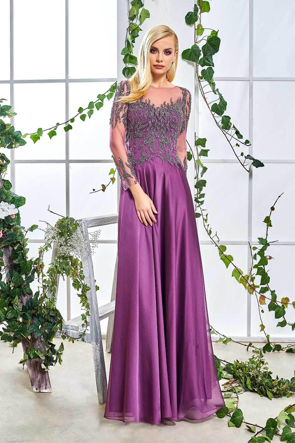 Purple Satin Stone Embroidered Long Evening Dress