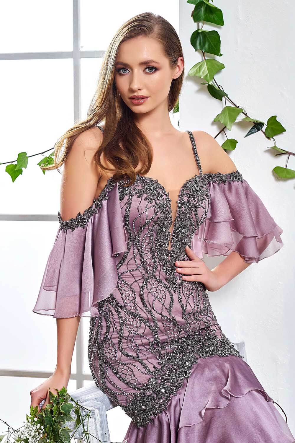 Off Shoulder Stone Frilly Long Evening Dress