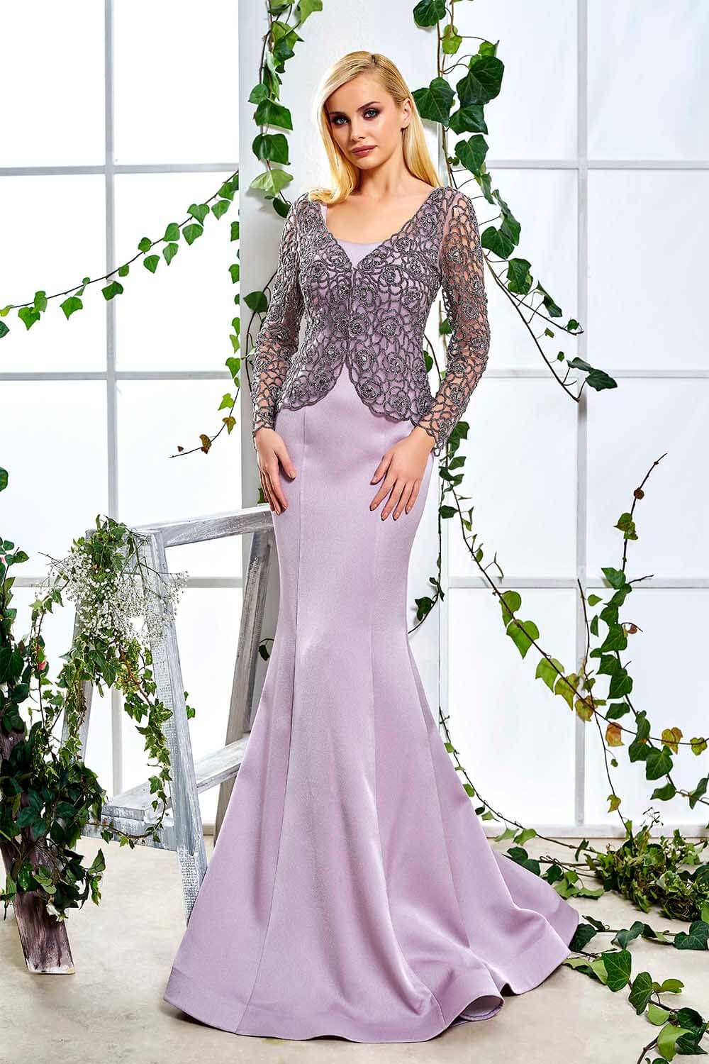 Stone Embroidered Long Sleeve Lilac Evening Dress