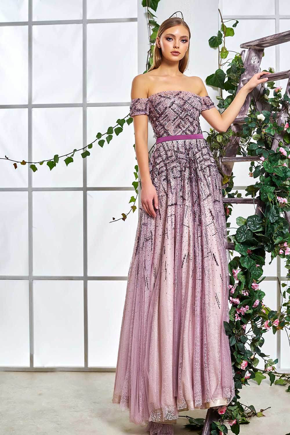 Lilac Stone Embroidered Off Shoulder Long Evening Dress