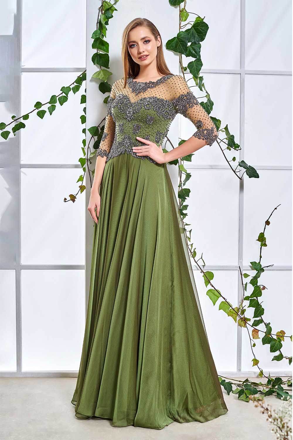 Green Stone Embroidered Transparent Evening Dress