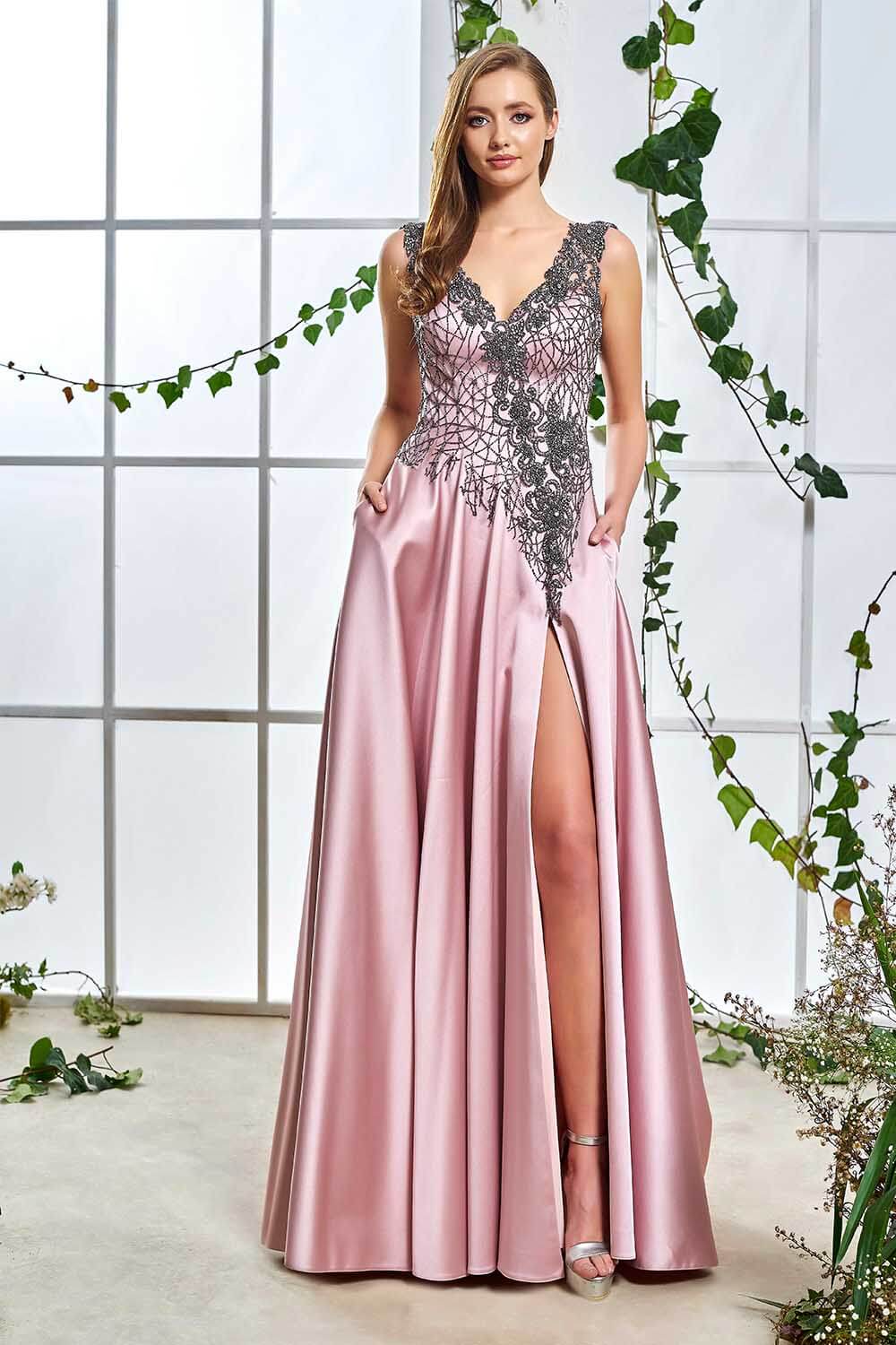 Deep Slit and Stone Dust Pink Long Evening Dress