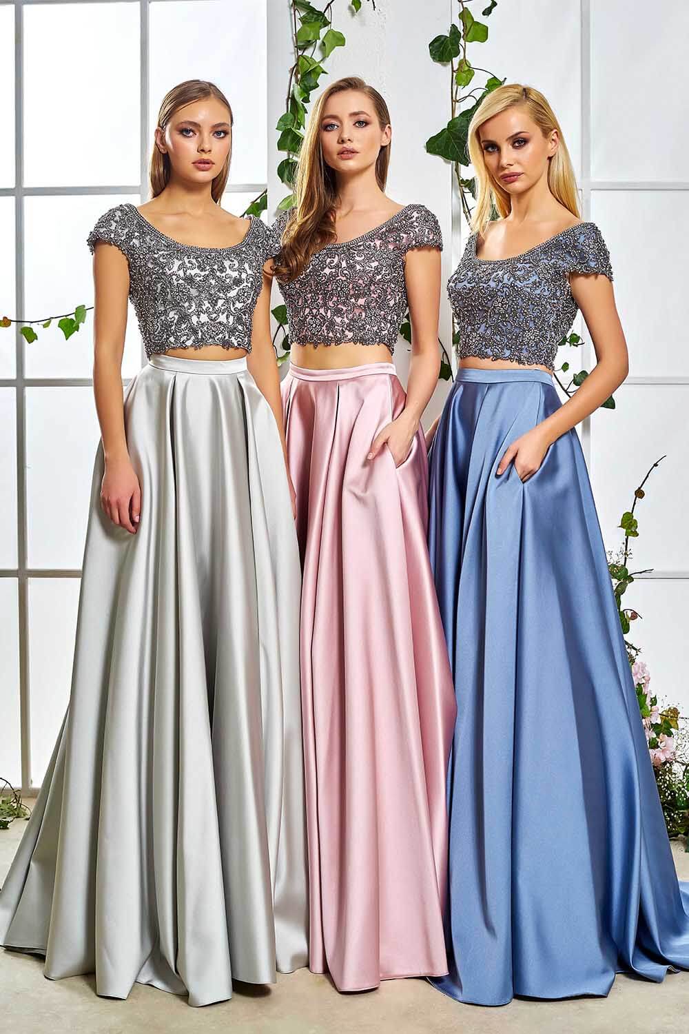 Satin Skirt Long Evening Dress With Stones On Top