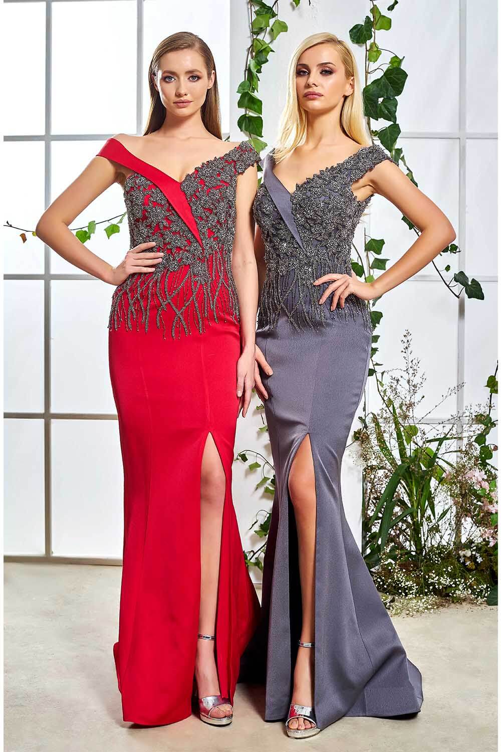 Stone Embroidered Slit Long Evening Dress