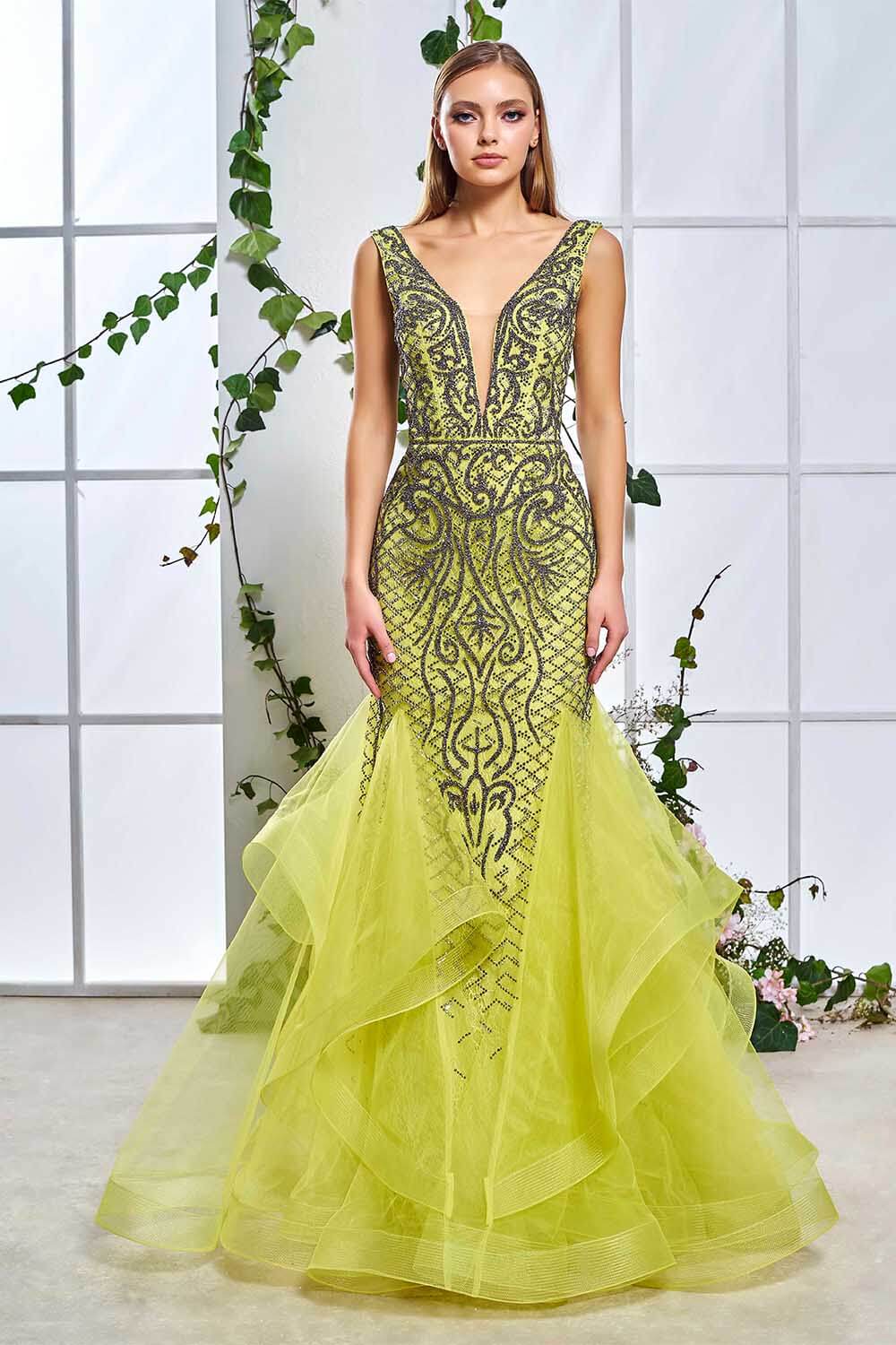 Stone Embroidered V Neck Tulle Yellow Evening Dress