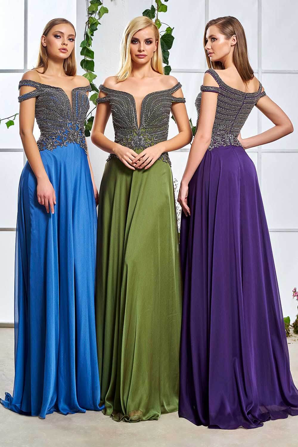 Stone Embroidered Off Shoulder Colorful Evening Dress