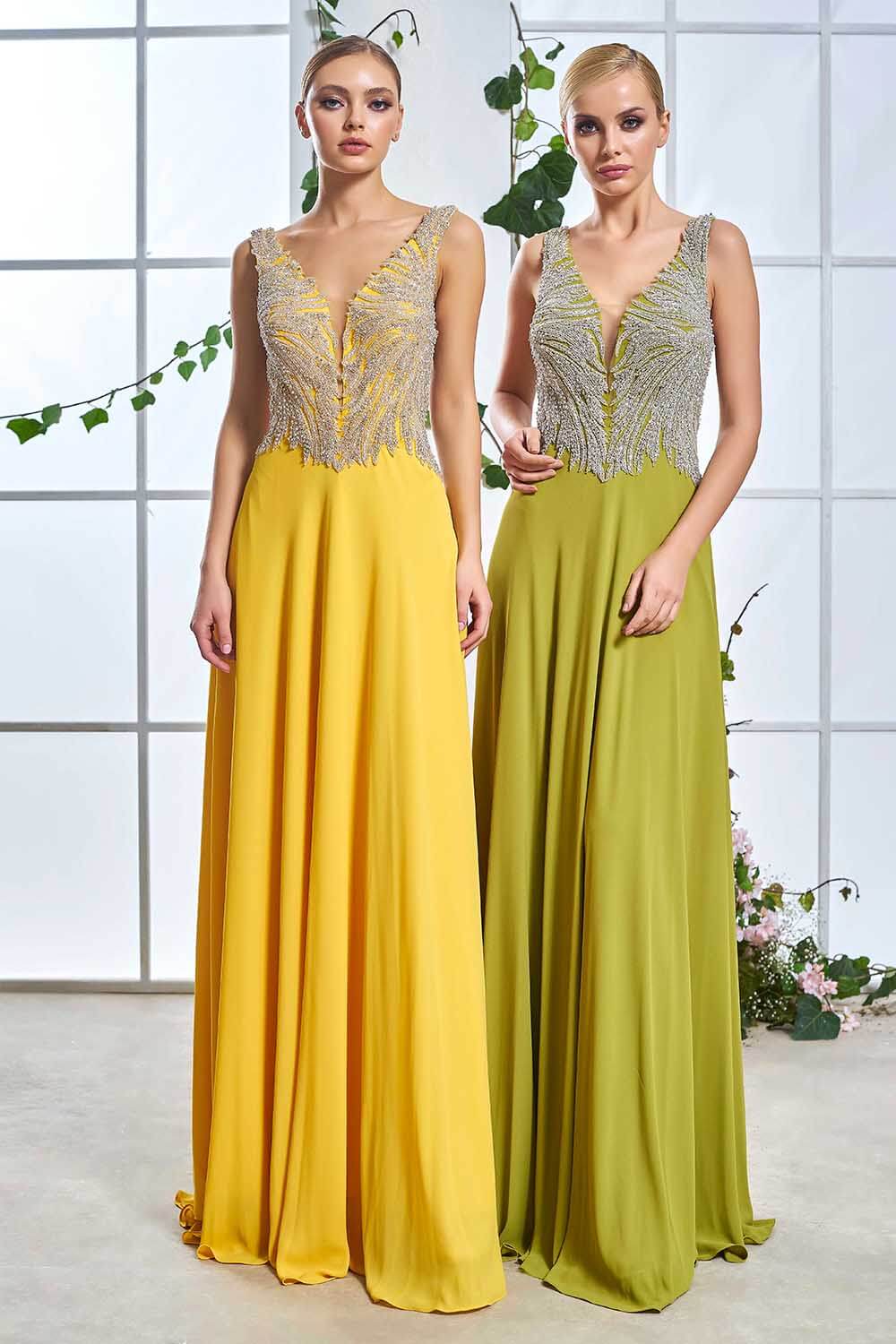 Yellow Stone Embroidered V-Neck Long Evening Dress