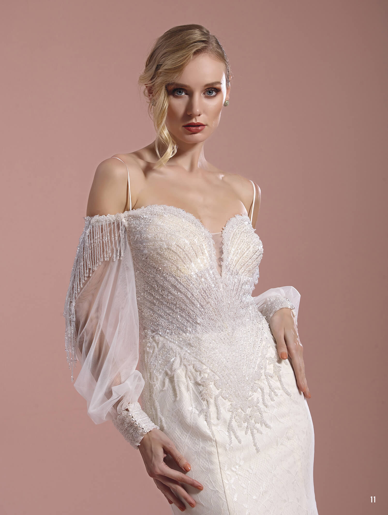 Spaghetti Strap Bishop Sleeve Crystal Embroidered Tail Fish Wedding Dress