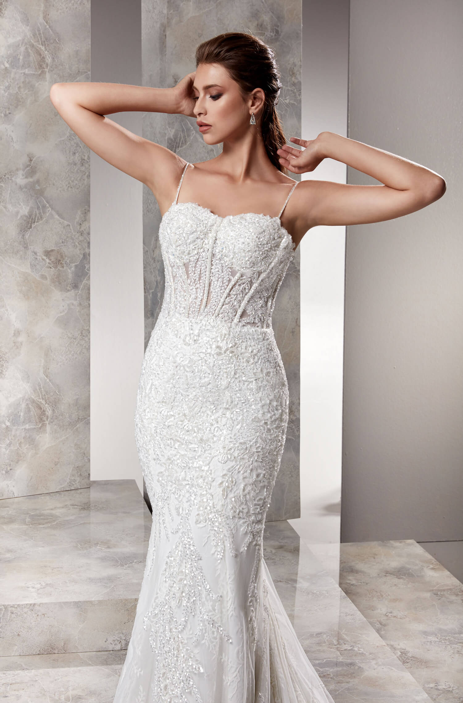 Spaghetti Strap Corset Effect Intensive Embroidered Mermaid Wedding Dress