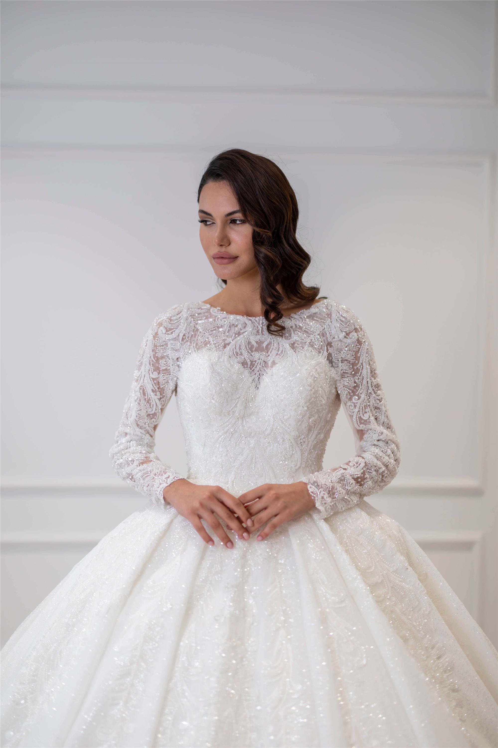 Bead Embroidered Sweetheart Neck Long Sleeve Princess Wedding Dress