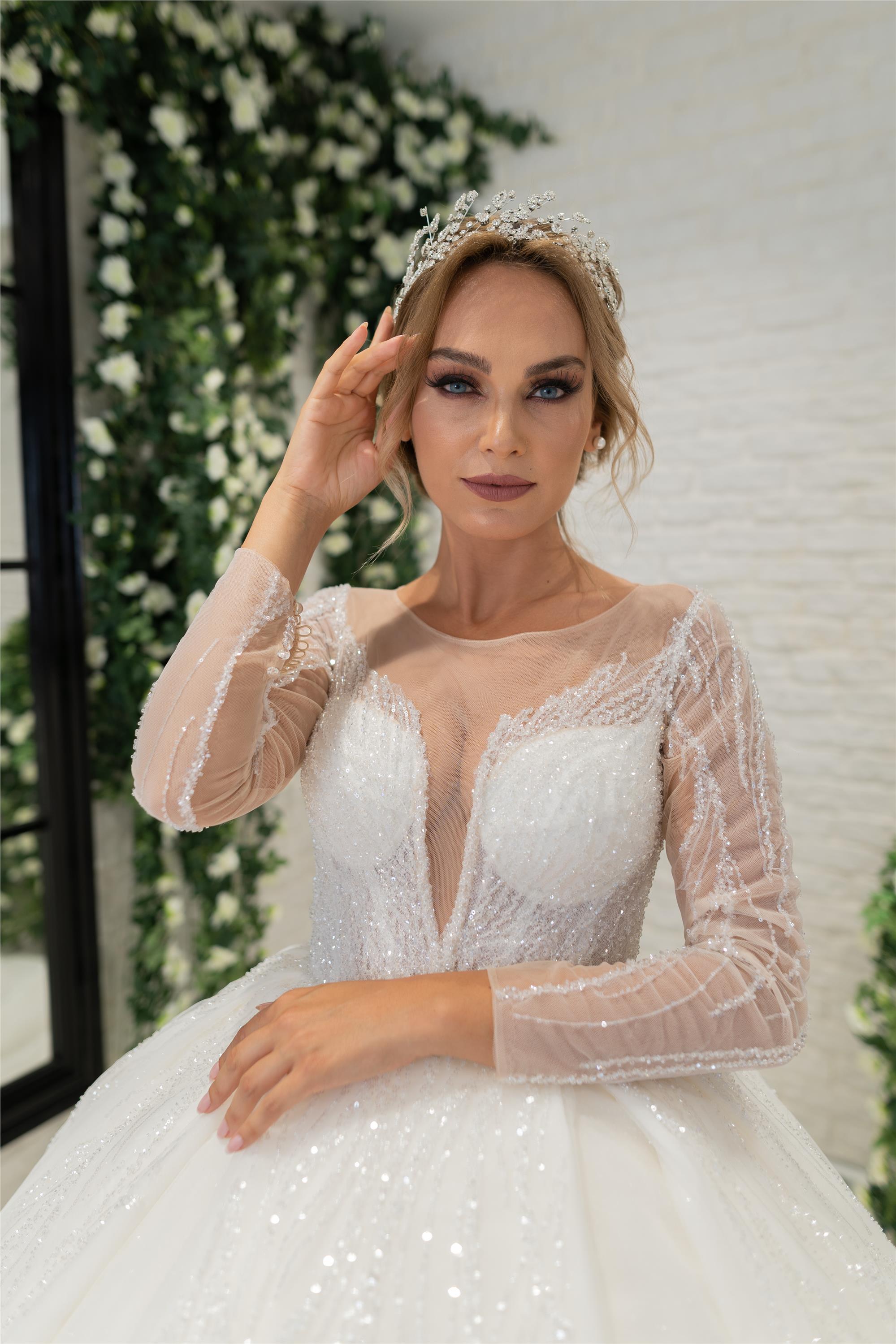 Deep V-Neck Sheer Sleeves Princess Wedding Dress