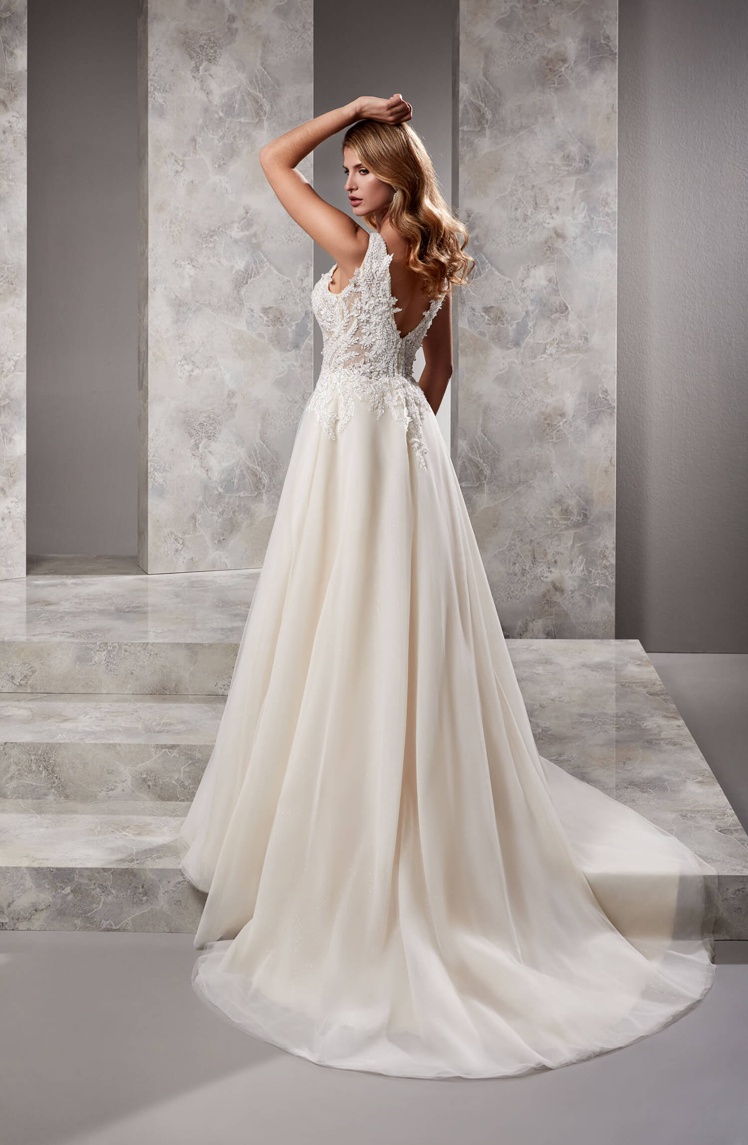 Half Bateau Neckline Leaf Patterned Nude Helen Wedding Dress