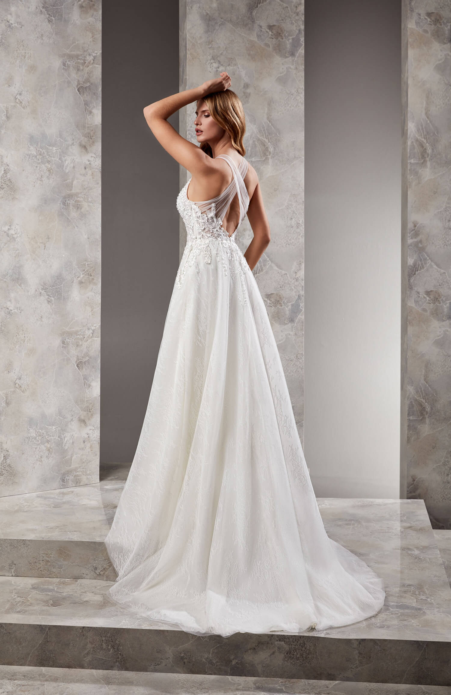 Deep V-Neck Cross Back Detailed Helen Wedding Dress