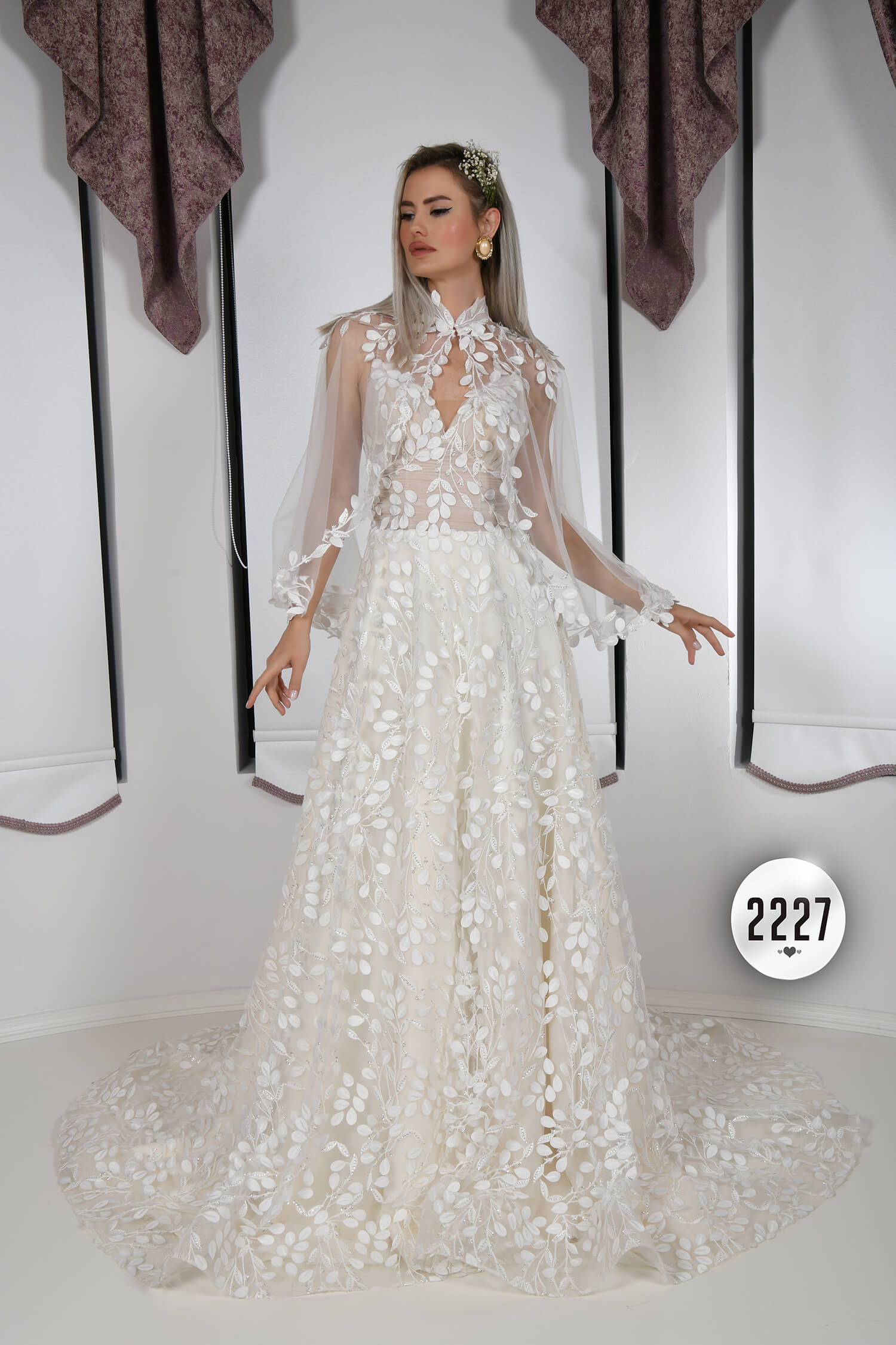 Helen Wedding Dress with Deep V-Neck Cape