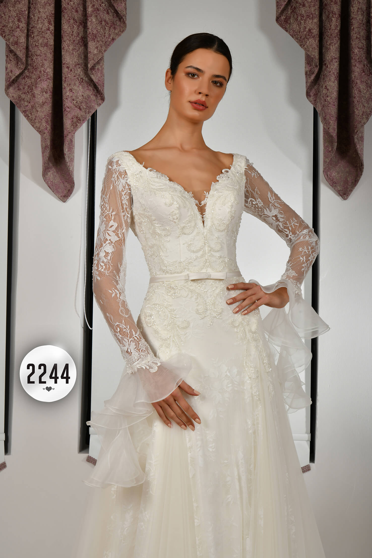 Illusion Neckline Flared Sleeve Train Princess Wedding Dress