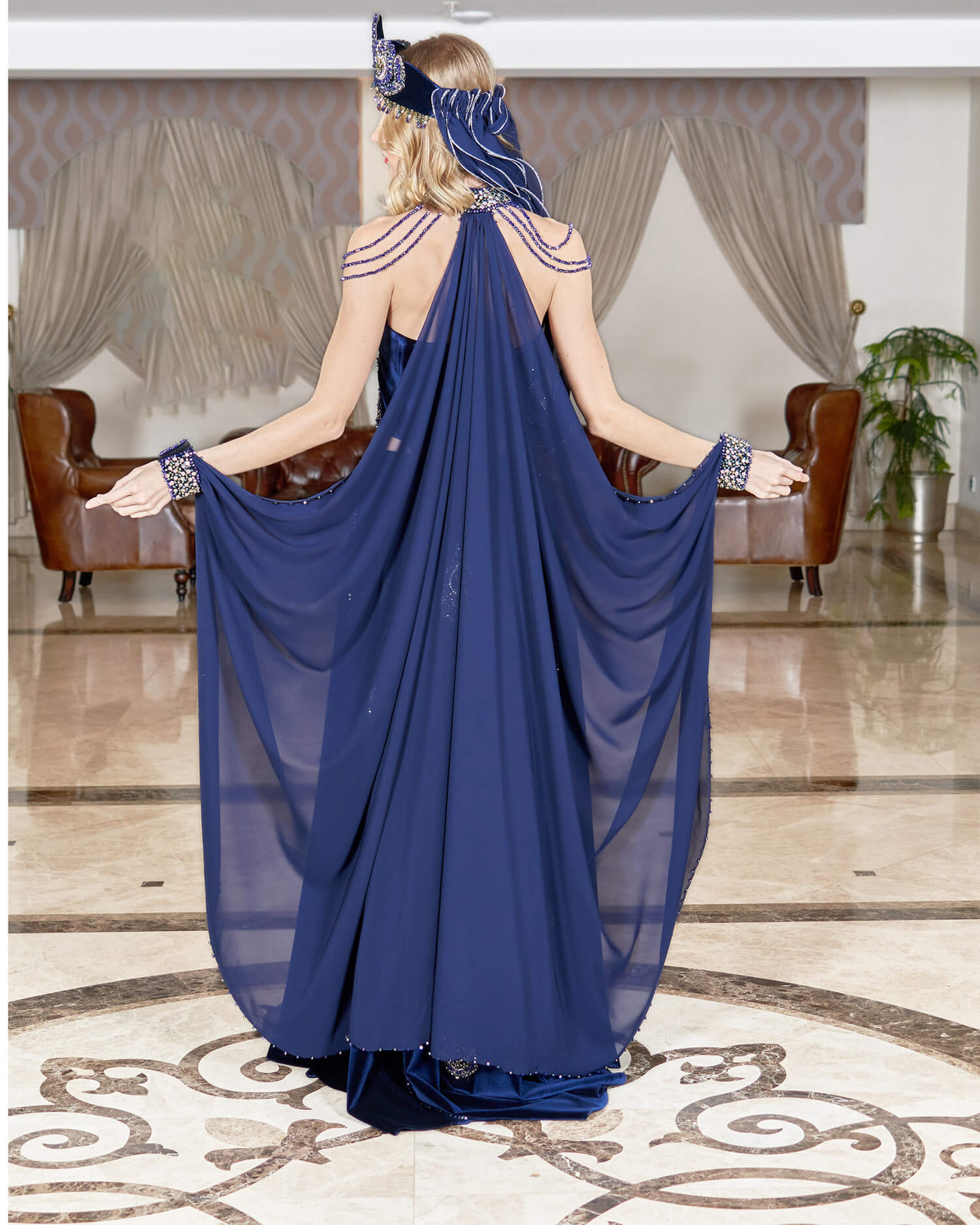 Navy Blue Stone Embroidered Henna Dress with Cape