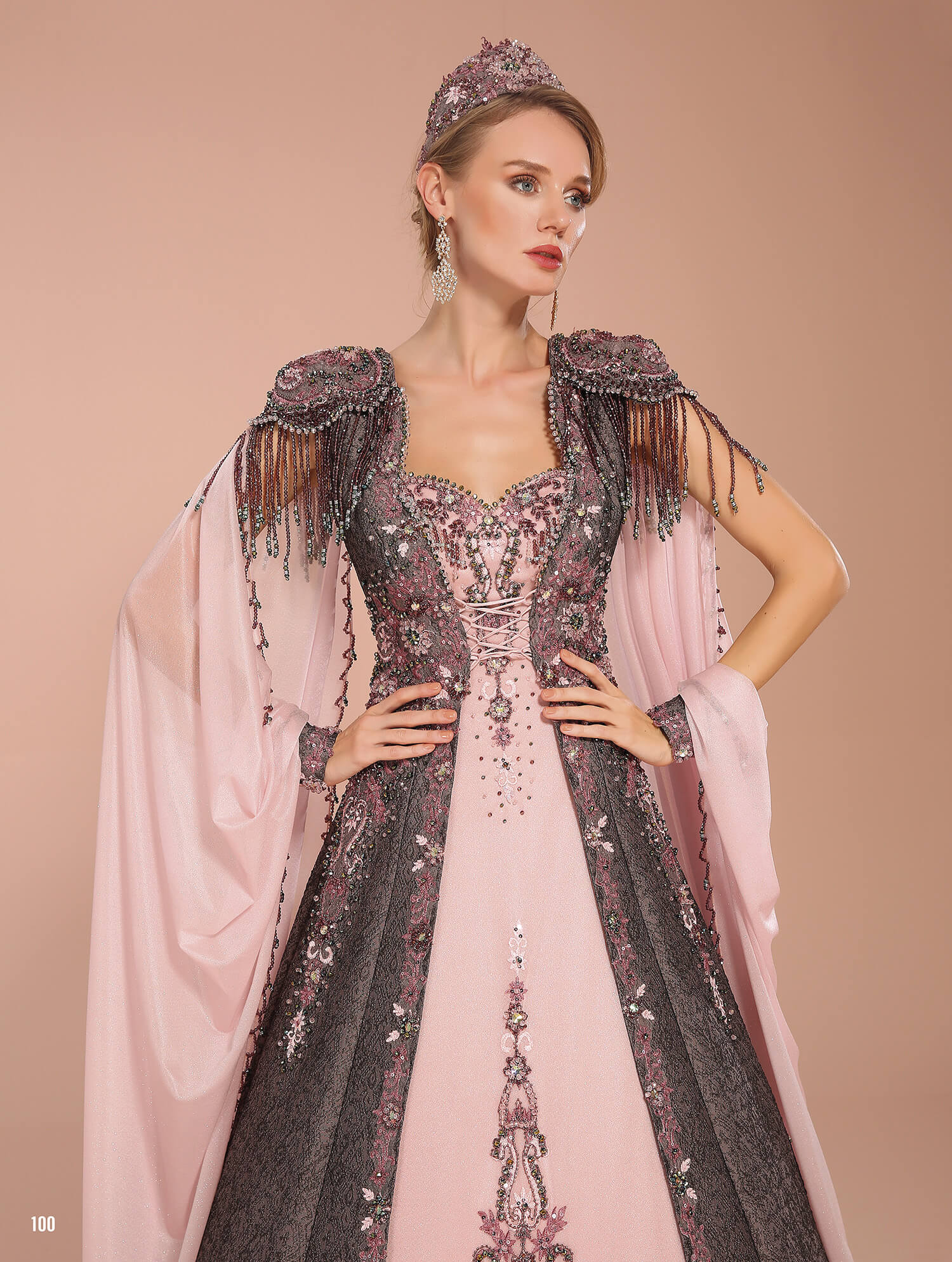 Gray Pink Henna Night Dress With Cape