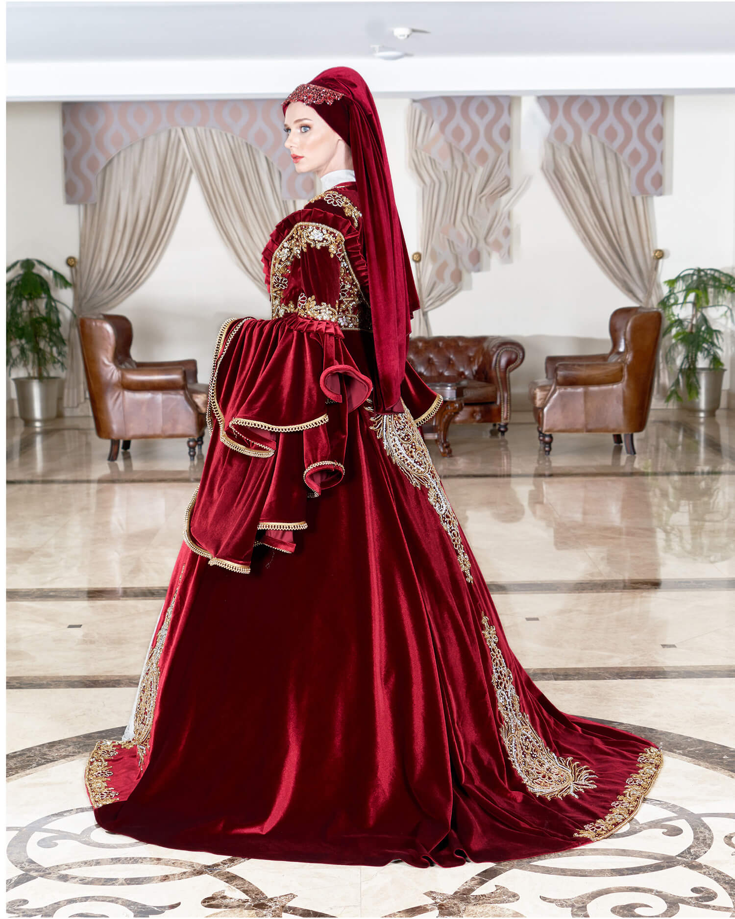 Traditional Style Claret Red Hijab Henna Dress