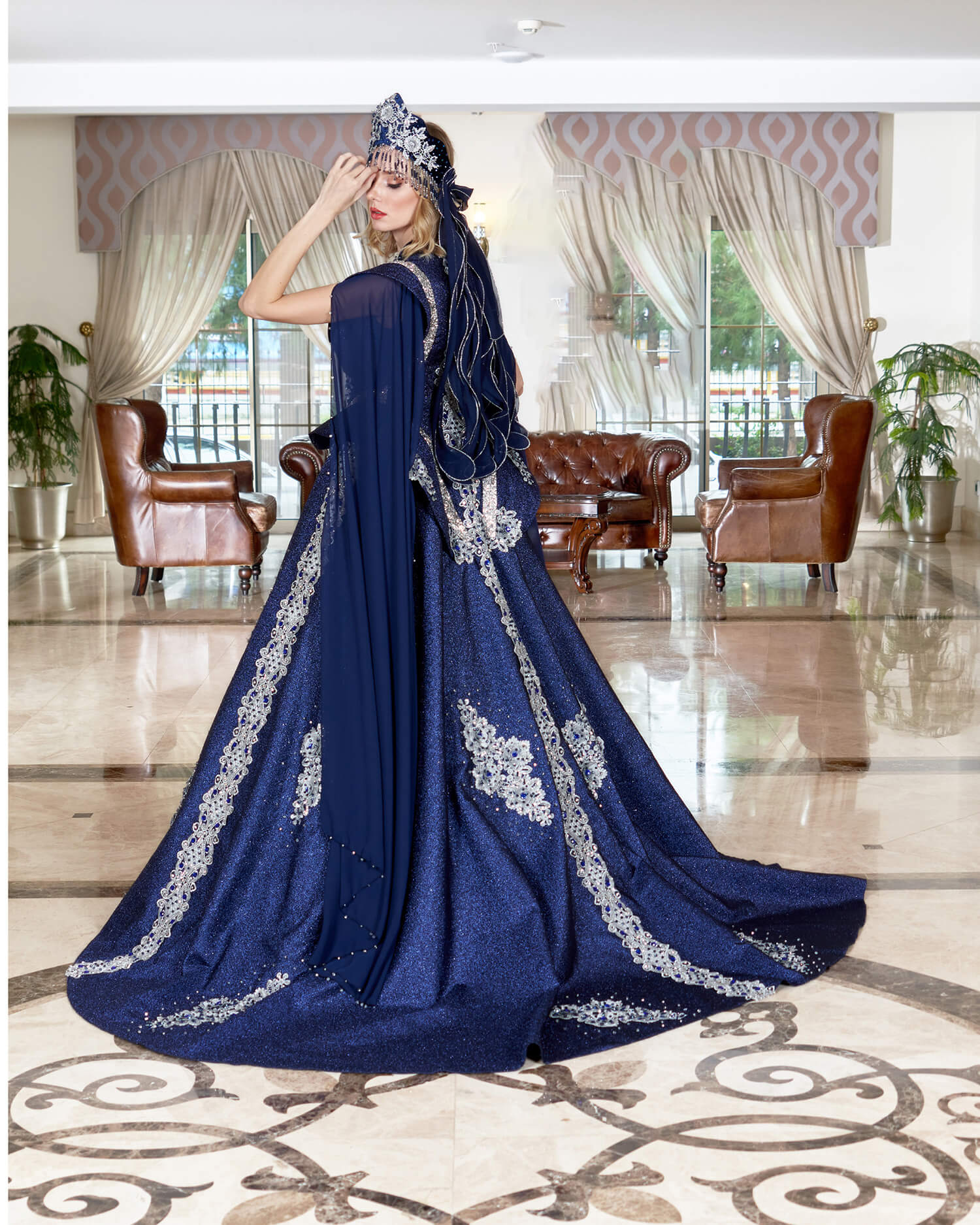 Blue White Fluffy Henna Dress With Cape