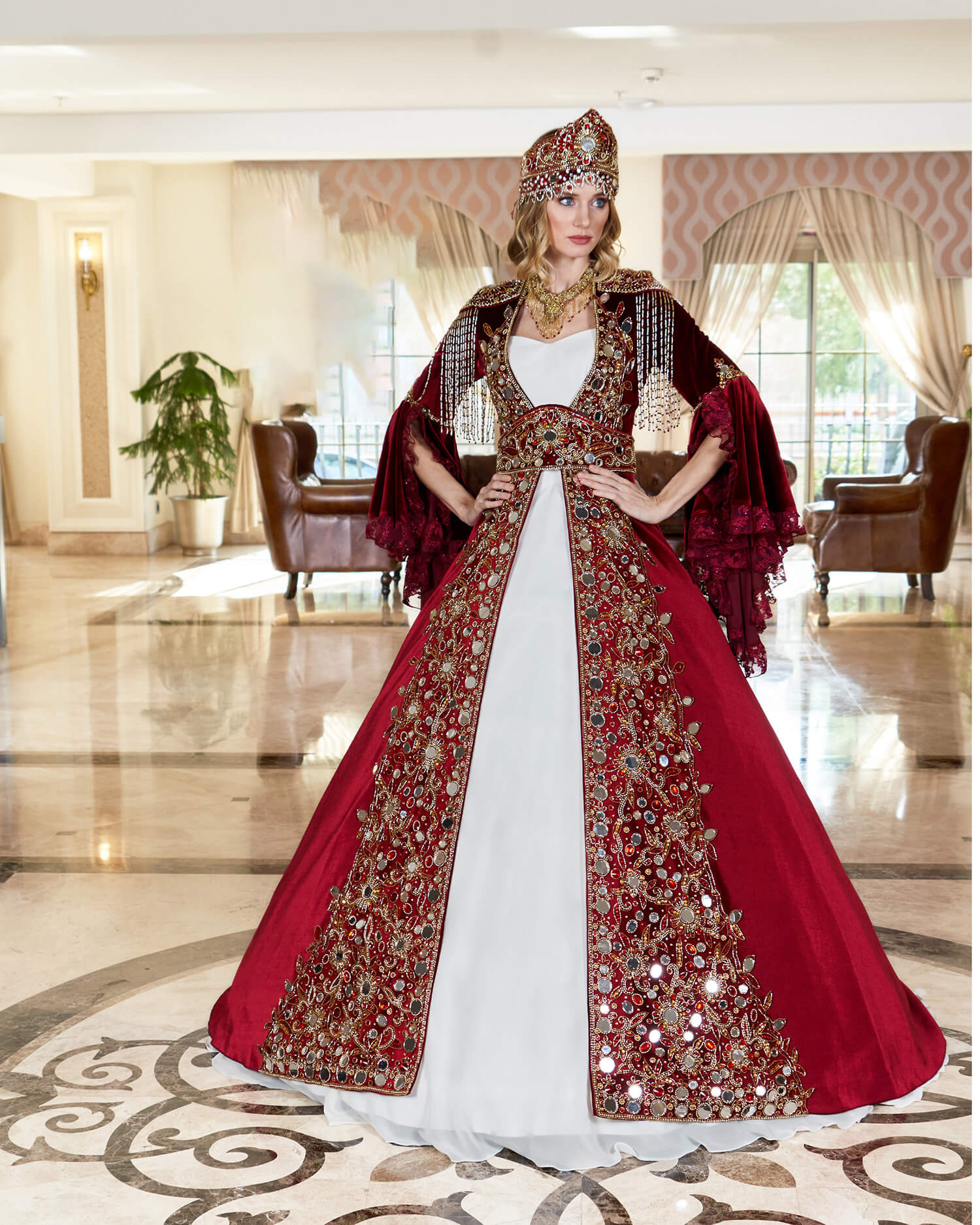 Stone Embroidered Long Fluffy Henna Dress