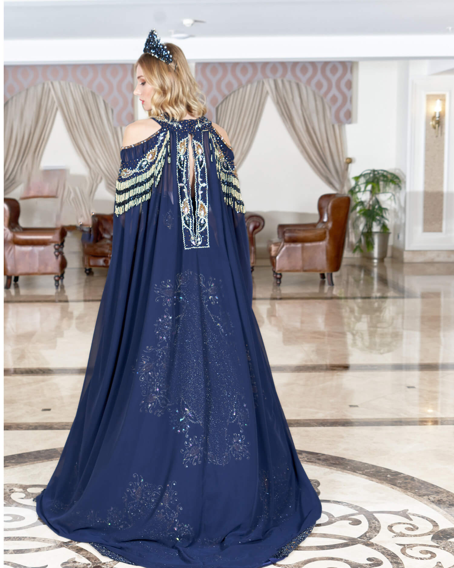 Navy Blue Henna Night Dress With Cape