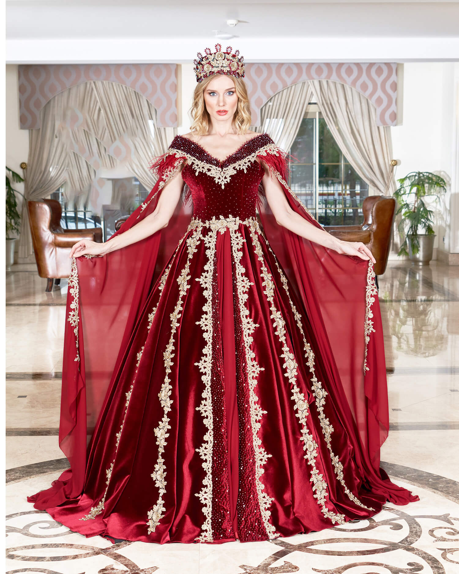 Traditional Burgundy Henna Dress with Cape