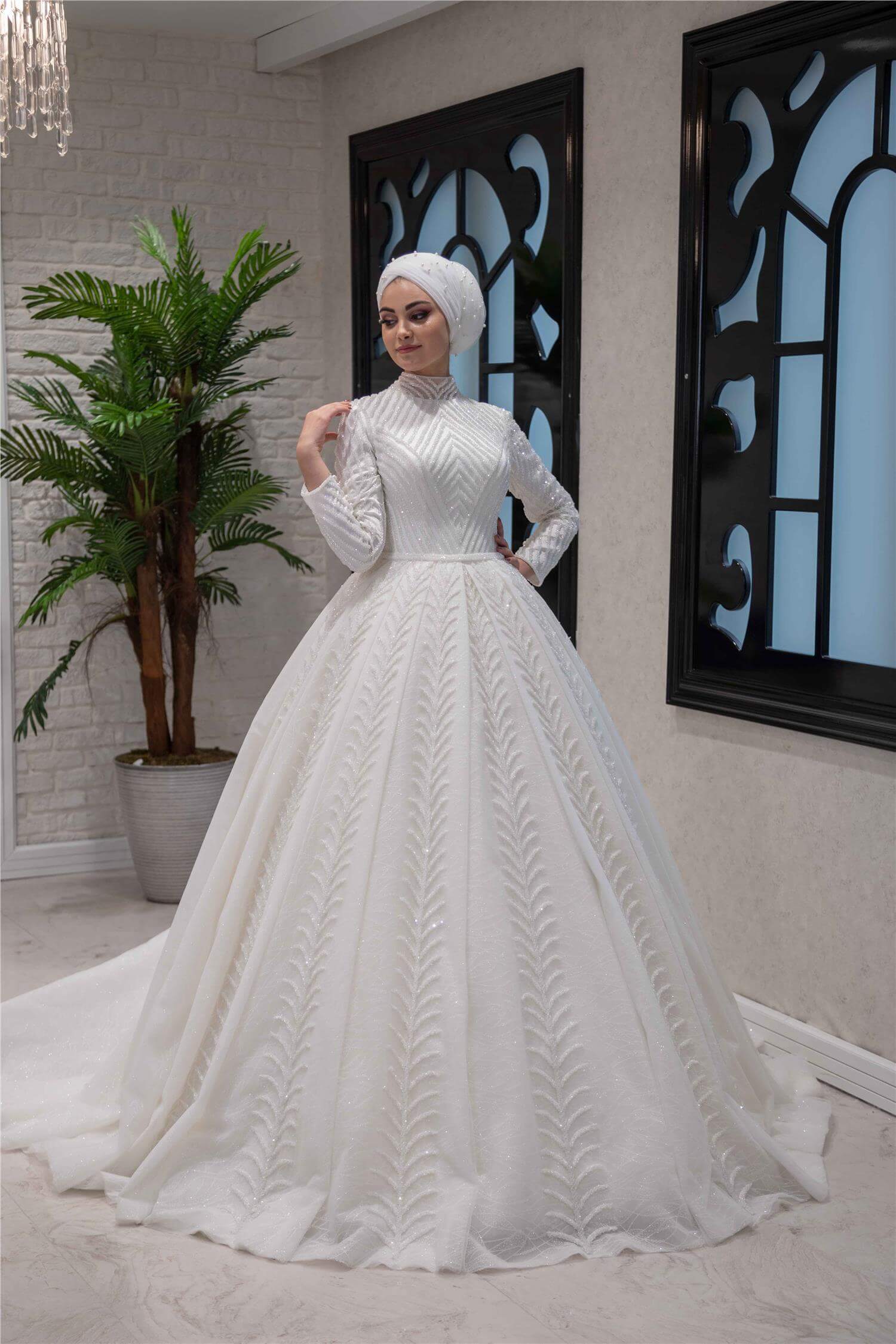 Spanish Sleeve Mesh Tulle Lace Embroidered Princess Hijab Wedding Dress