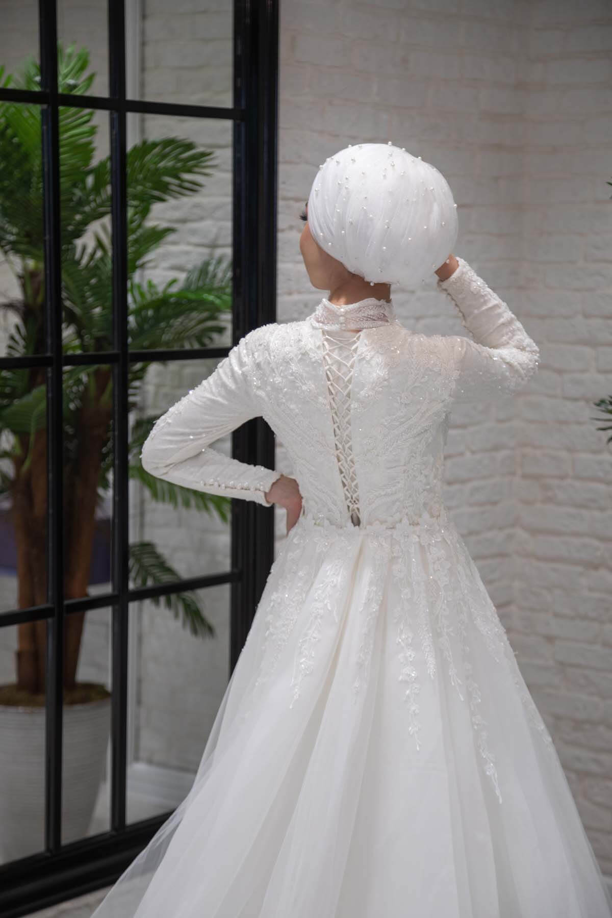 Judge Collar Mermaid Hijab Wedding Dress with Train