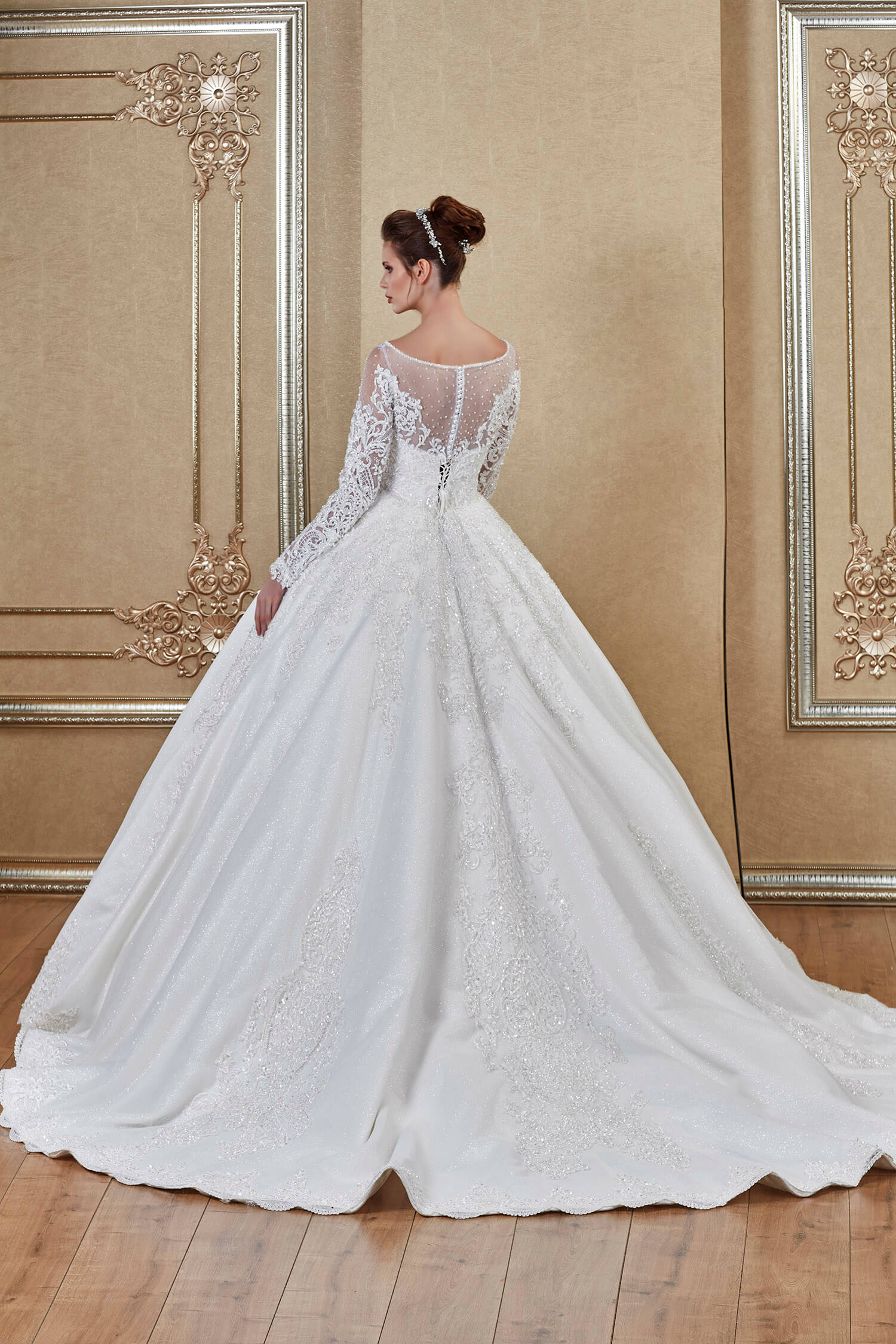 Illusion Neck Long Sleeve Ruched Princess Wedding Dress