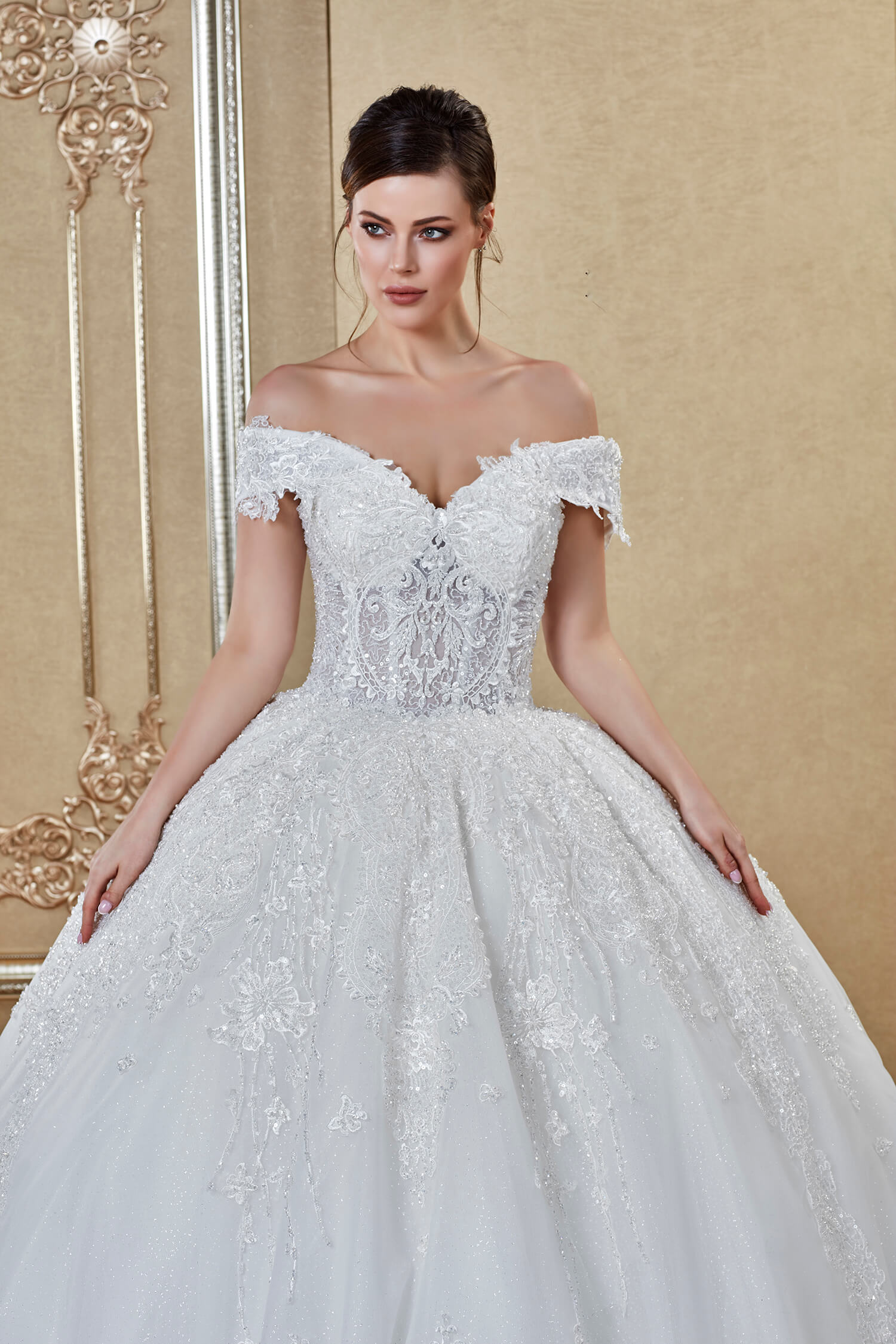 Off Shoulder Corset Effect Lace Tailed Princess Wedding Dress