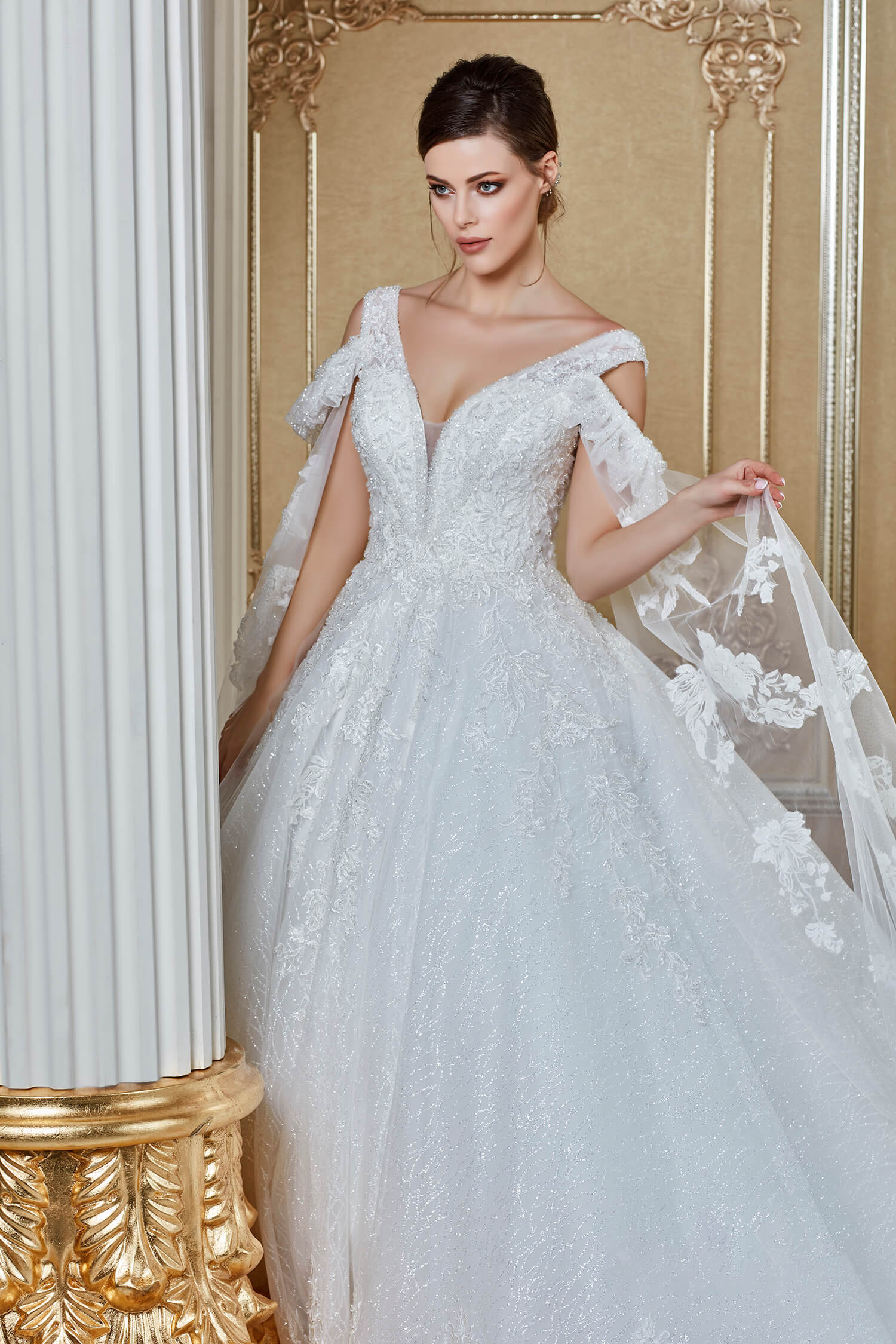 Deep V-Neck Cape Sleeve Detailed Beading Embroidered Princess Wedding Dress