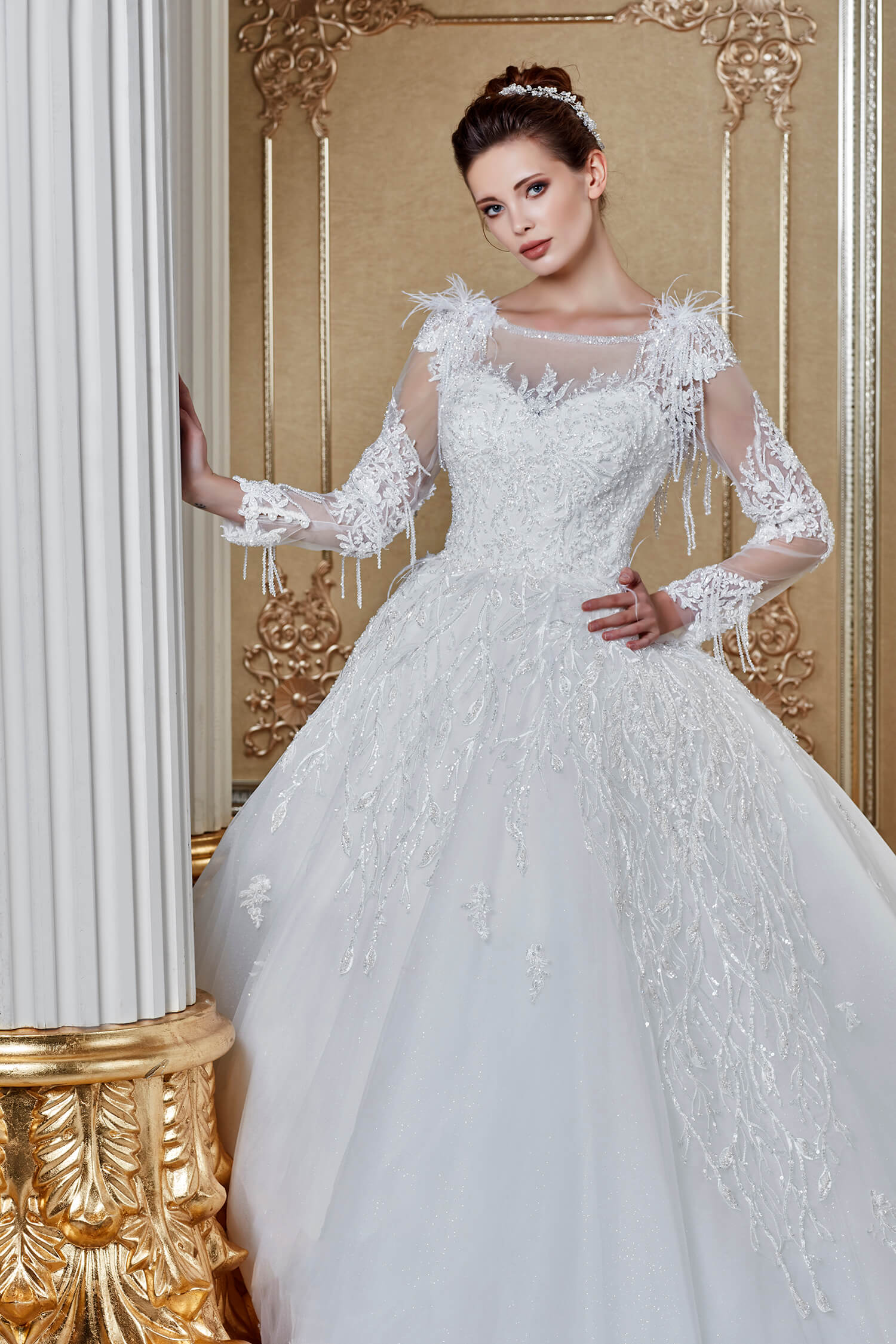 Illusion Neck Long Sheer Princess Wedding Dress