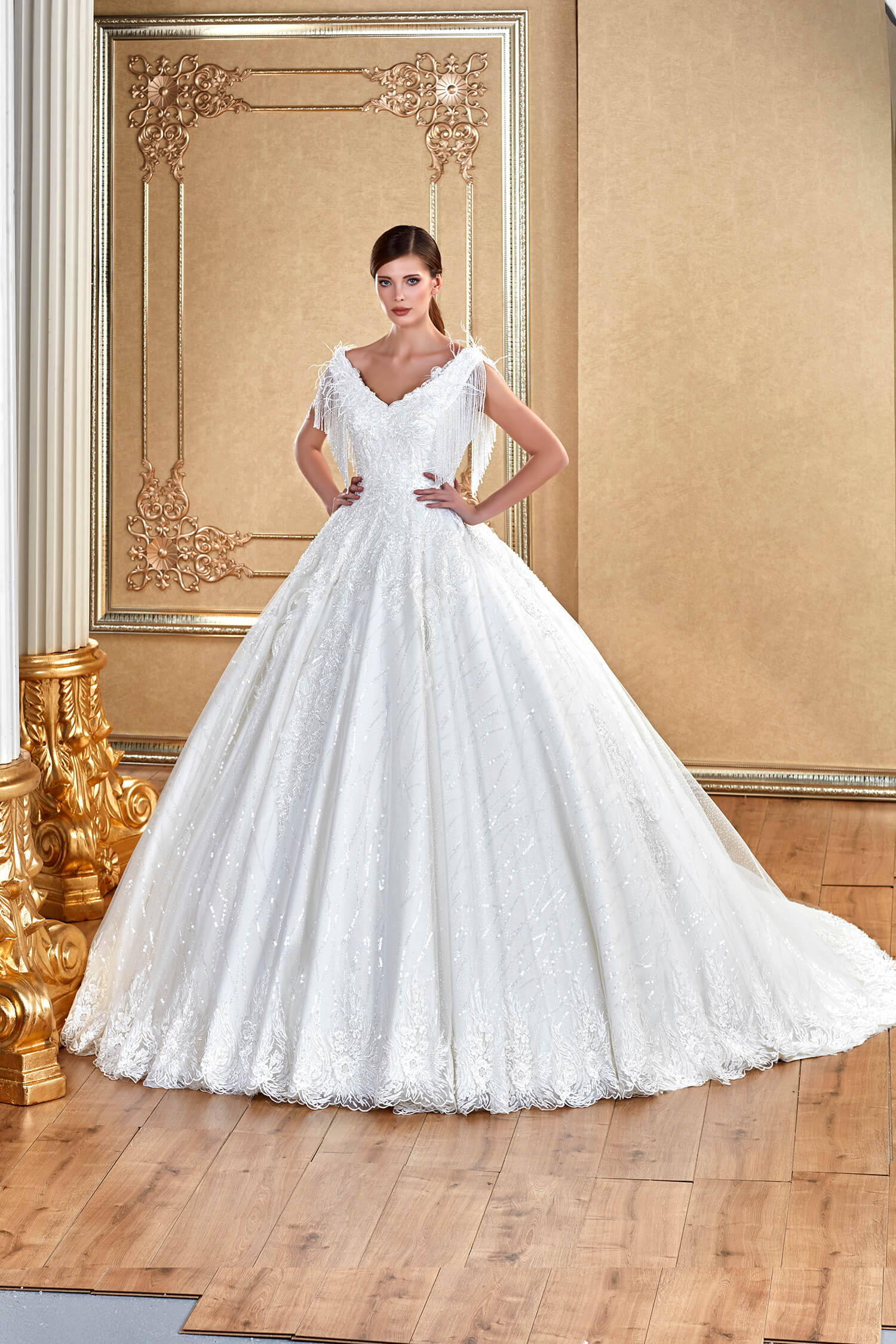 V-Neck Sleeves Pendulum Ruched Backless Princess Wedding Dress