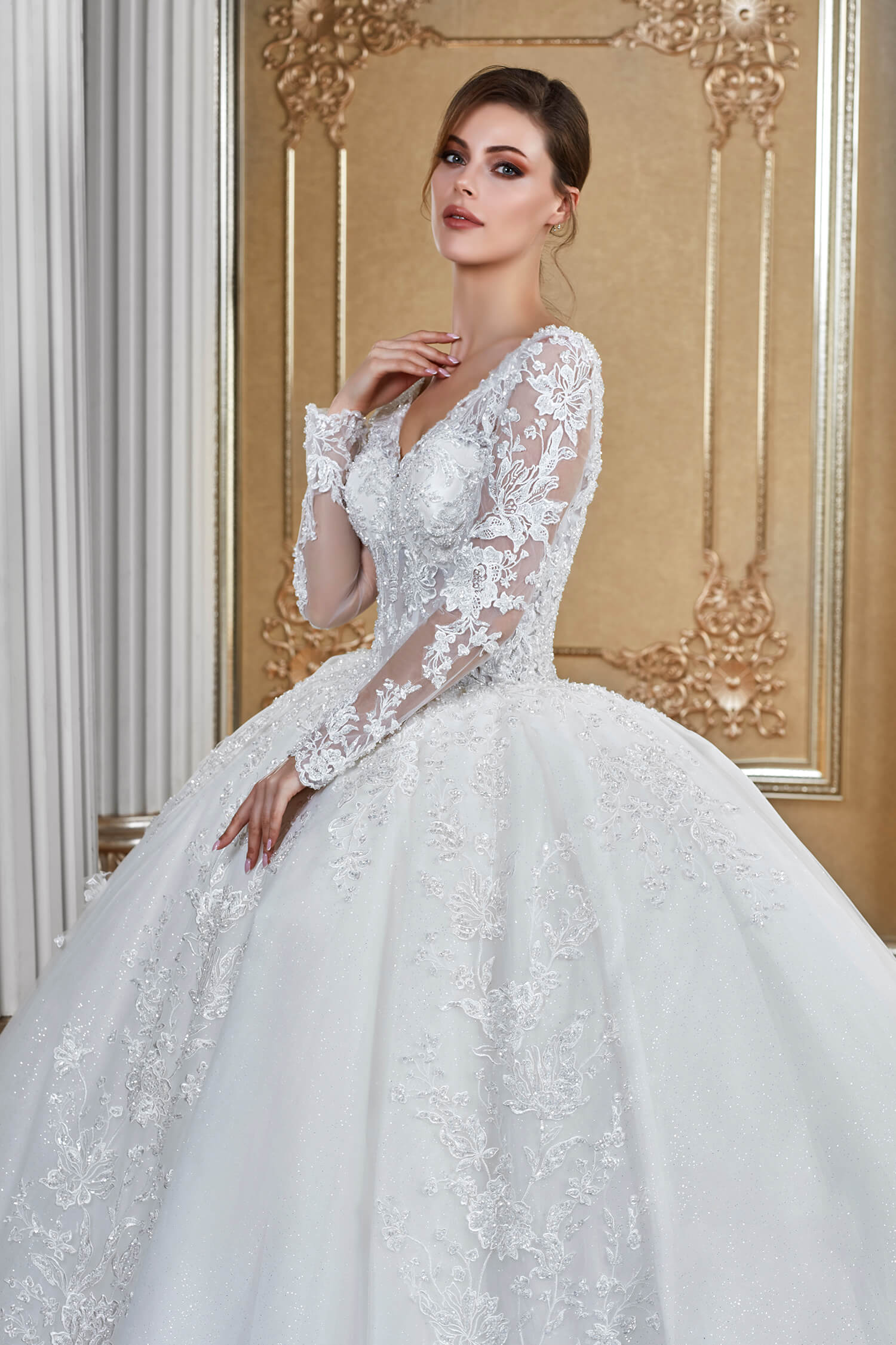 Plunging V-Neck Cape Sleeve Detailed Bead Embroidered Princess Wedding Dress