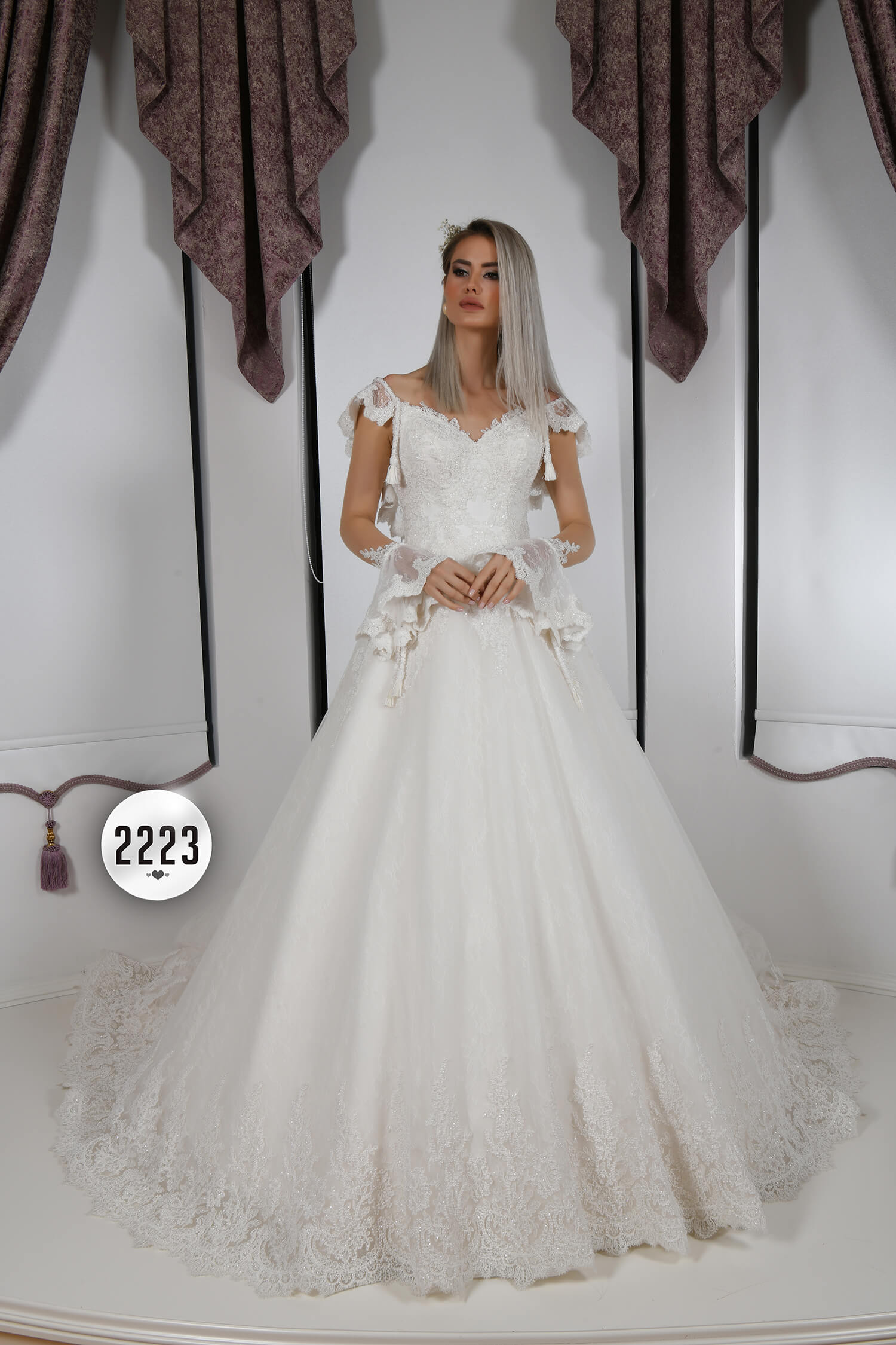 Strapless Neckline Helen Wedding Dress with Silver and Crystal Inlaid Sleeve