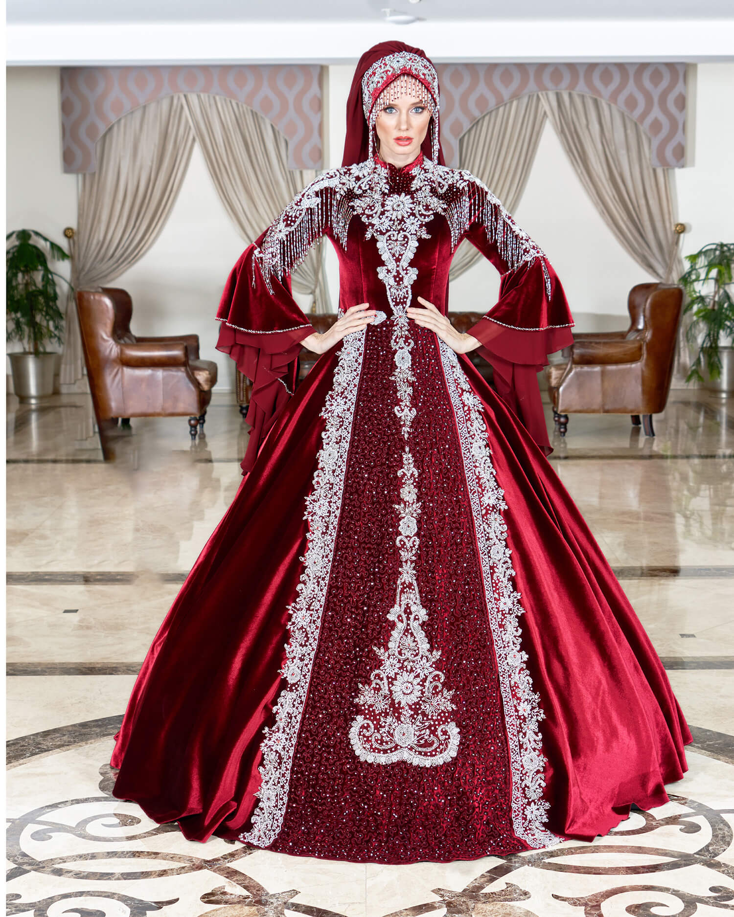 Princess Model Hijab Claret Red Evening Dress