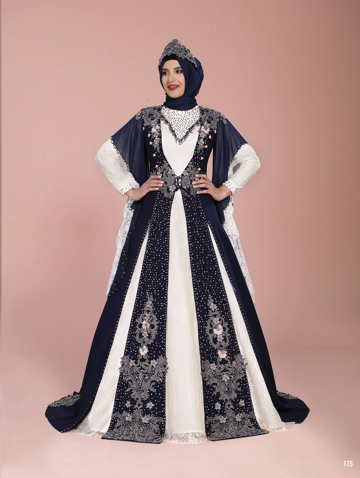 White Navy Blue Hijab Kaftan Henna Dress