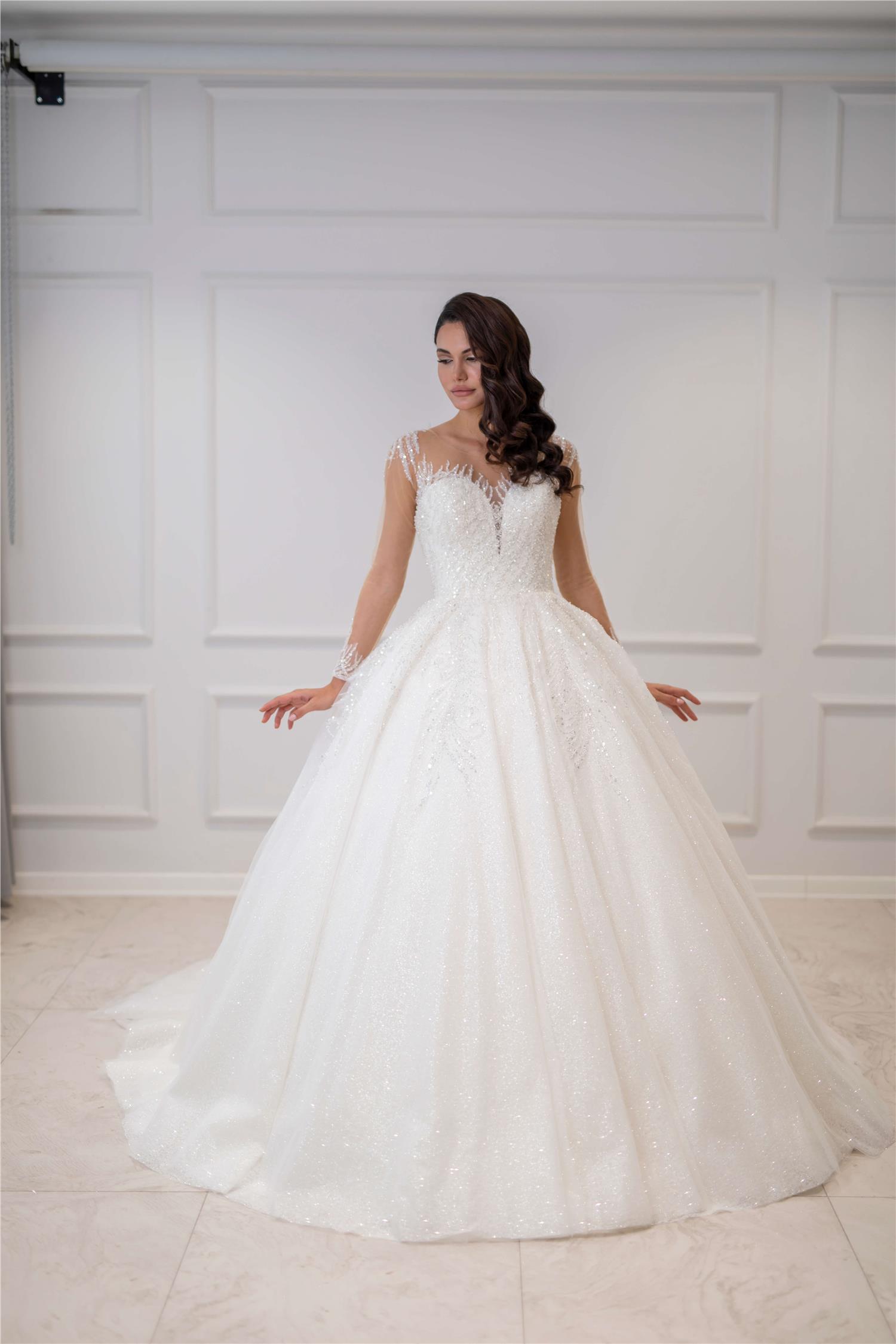 Tulle Sleeve Deep V-Neck Princess Wedding Dress